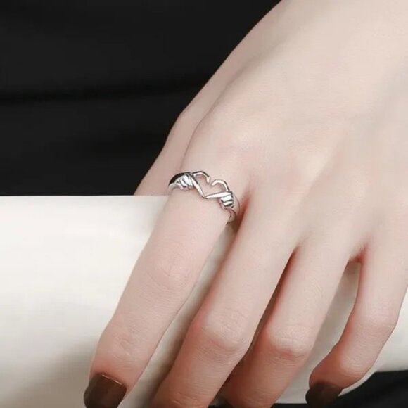 Silver Romantic Hand Heart Palm Gesture Open Adjustable Fashion Ring NWOT - Picture 3 of 8